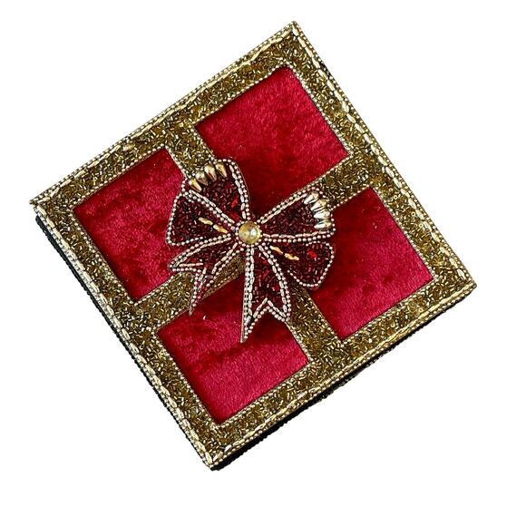 Red Velvet Gold Sequin Christmas Present Gift Box w/ Bow & Lid 7in Holiday Decor - Picture 4 of 15